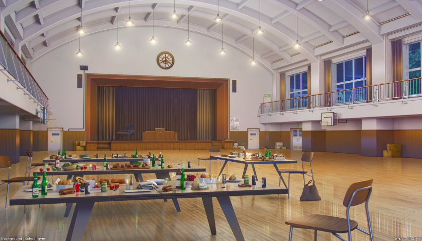 3d basketball_hoop food gym highres indoors night no_humans original room scenery school sidelighting sitai_xiii table watermark window