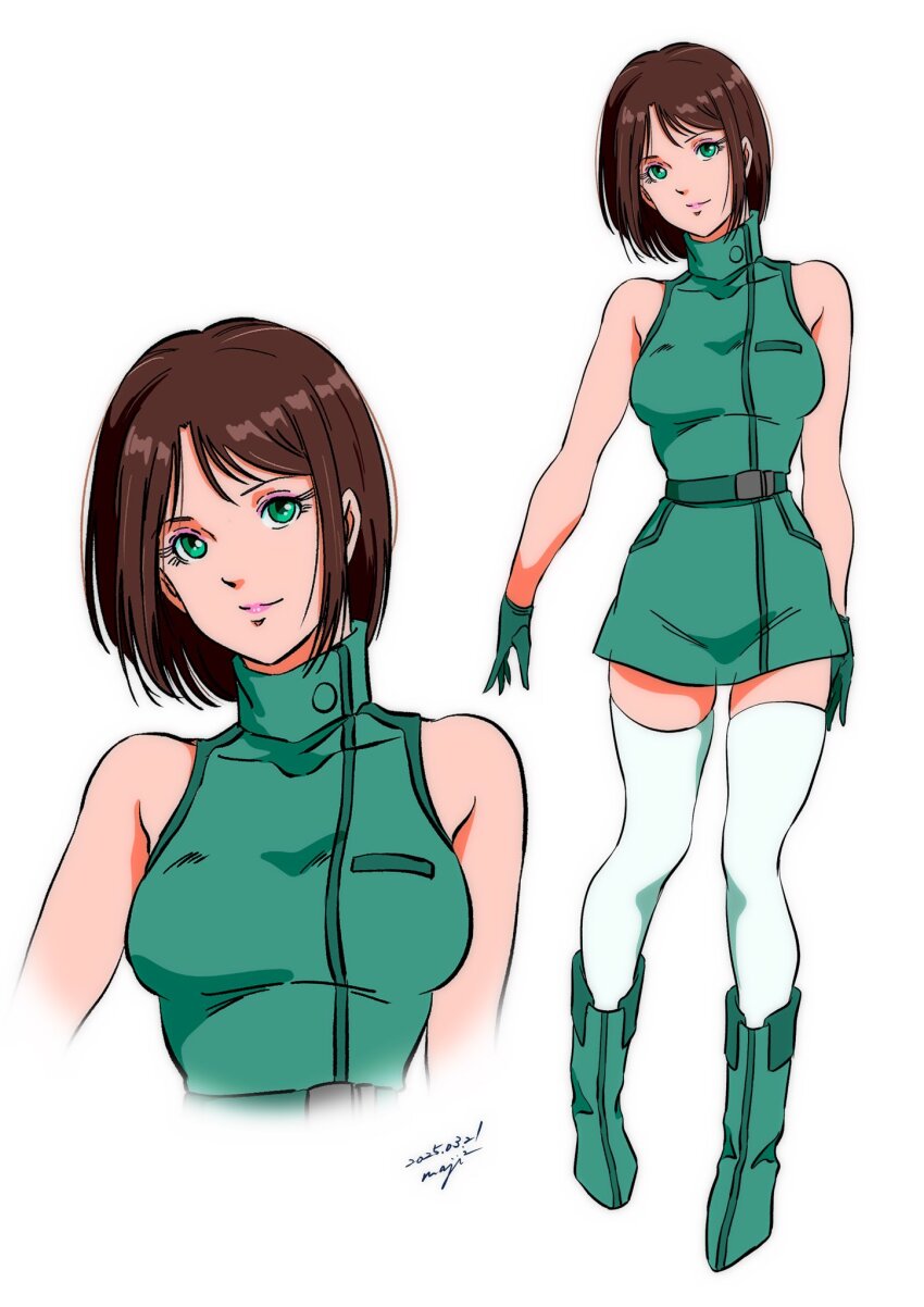 1girl aeug alternate_legwear boots breasts brown_hair emma_sheen gloves green_boots green_eyes gundam highres lips looking_at_viewer military military_uniform multiple_views pgmajimaji short_hair signature sleeveless smile solo thighhighs white_background white_thighhighs zeta_gundam