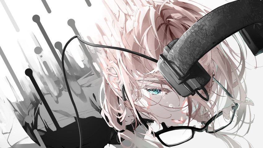 1girl absurdres aqua_eyes black-framed_eyewear black_background blonde_hair crying crying_with_eyes_open earbuds earphones eyelashes glasses gradient_background grey_background headphones highres long_hair multicolored_background nico-tine original parted_lips solo tears teeth white_background
