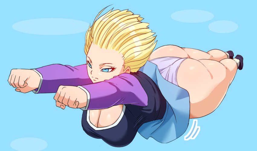 1girl android_18 arms_up ass blonde_hair blue_background blue_eyes blue_skirt breasts cleavage closed_mouth clothes_lift dragon_ball dragonball_z expressionless female_focus floating_hair flying hanging_breasts huge_ass large_breasts legs looking_away medium_hair motion_lines panties pinkpawg shoes simple_background skirt skirt_lift solo thighs underwear wedgie wind