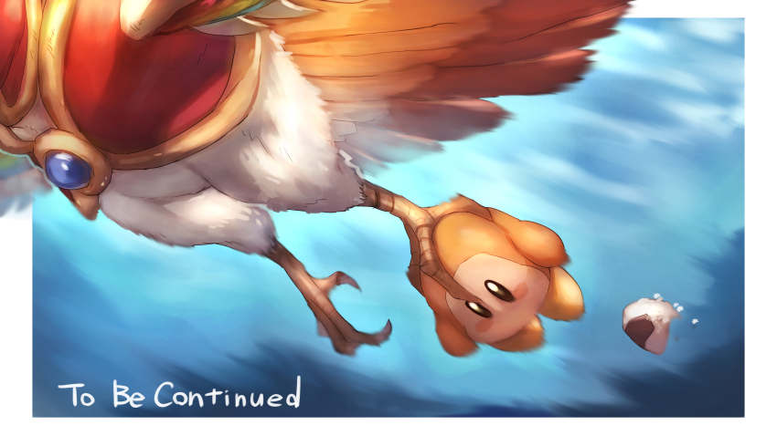 absurdres blush_stickers border claws commentary_request dyna_blade feathers food highres kirby_(series) nintendo no_humans onigiri outside_border shiburingaru solid_oval_eyes to_be_continued waddle_dee white_border wings