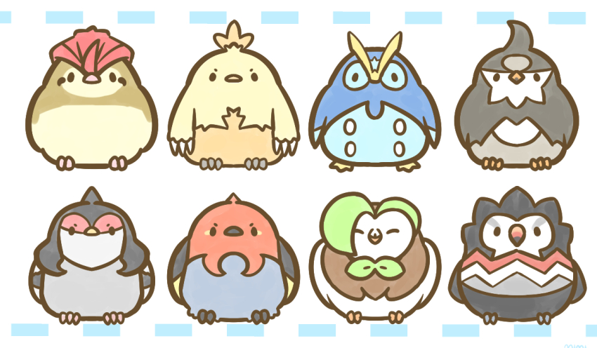 773mimisuke animal_focus artist_name bird black_eyes chibi chibi_only chicken closed_eyes closed_mouth combusken commentary_request dartrix falcon fletchinder full_body gen_1_pokemon gen_3_pokemon gen_4_pokemon gen_5_pokemon gen_6_pokemon gen_7_pokemon looking_at_viewer nintendo no_humans owl penguin pheasant pidgeotto pokemon pokemon_(creature) prinplup simple_background solid_oval_eyes staravia straight-on tranquill trumbeak white_background woodpecker