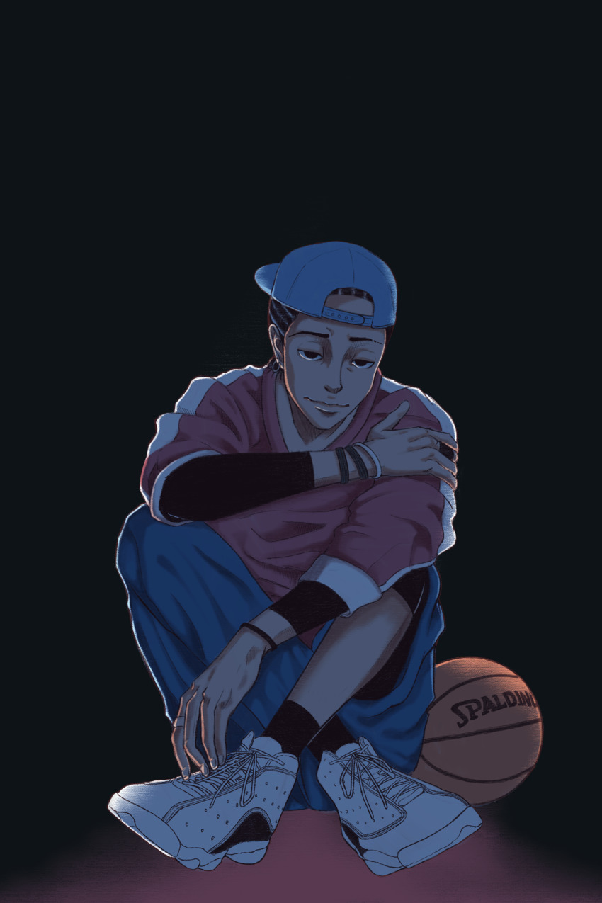 1boy ahiru_no_sora backwards_hat ball basketball basketball_(object) black_background black_eyes black_hair black_socks blue_hat cornrows crossed_ankles earrings full_body hat highres jewelry male_focus natsume_kenji ring shoes sitting sneakers socks solo white_shoes wristband