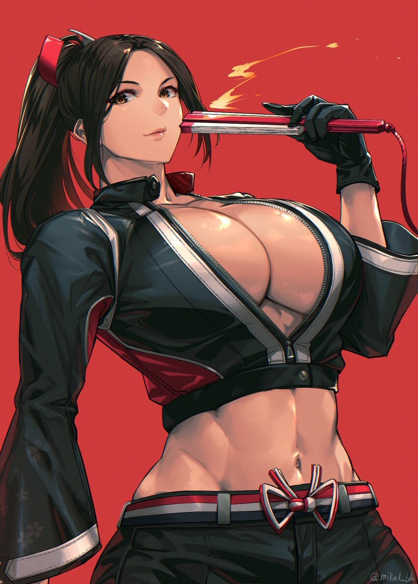 1girl abs black_gloves black_jacket black_jumpsuit black_pants breast_zipper breasts brown_eyes brown_hair cleavage collarbone crop_top cropped_jacket fatal_fury fatal_fury:_city_of_the_wolves female_focus folded_fan folding_fan gloves hand_fan high_ponytail highres holding holding_fan jacket jumpsuit large_breasts leather leather_pants long_hair looking_at_viewer midriff mikel_(4hands) muscular muscular_female navel no_bra official_alternate_costume pants partially_unzipped ponytail print_jacket shiranui_mai smile snk solo spandex