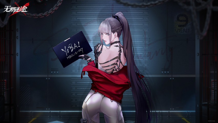 1girl ass backless_outfit bai_yi_(path_to_nowhere) black_gloves blue_eyes blunt_bangs braid chain character_name copyright_name cowboy_shot fingerless_gloves french_braid from_behind gloves grey_hair hand_up height_mark high_ponytail highres holding holding_sign indoors jacket leaning_to_the_side logo long_hair looking_at_viewer looking_back mugshot off_shoulder official_art official_wallpaper pants parted_lips path_to_nowhere ponytail prison_cell prison_clothes red_jacket sign solo tight_clothes tight_pants turning_head very_long_hair white_pants