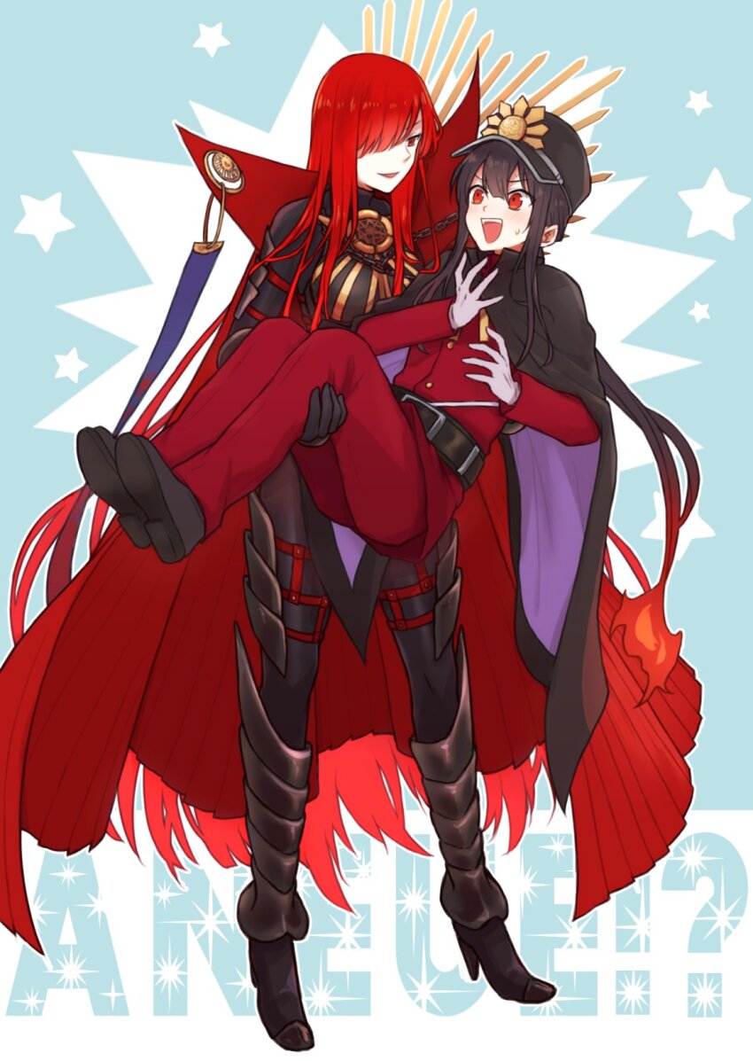 1boy 1girl :d armored_boots belt black_belt black_bodysuit black_cape black_footwear blue_background blush bodysuit boots brother_and_sister cape carrying center-flap_bangs collared_cape crest family_crest fate/grand_order fate_(series) fiery_hair full_body furrowed_brow gloves grey_gloves hair_between_eyes hair_over_one_eye hands_up hat high_heel_boots high_heels highres jacket kepi long_hair long_sleeves looking_at_viewer low_ponytail medallion military_hat oda_nobukatsu_(fate) oda_nobunaga_(fate) oda_nobunaga_(maou_avenger)_(fate) oda_uri one_eye_covered open_mouth pants pleated_cape ponytail popped_collar princess_carry purple_cape red_cape red_eyes red_hair red_jacket red_pants siblings sidelocks smile sparkle standing star_(symbol) surprised sweatdrop teeth teramoto_kei thigh_armor thigh_belt thigh_strap two-sided_cape two-sided_fabric upper_teeth_only v-shaped_eyebrows very_long_hair