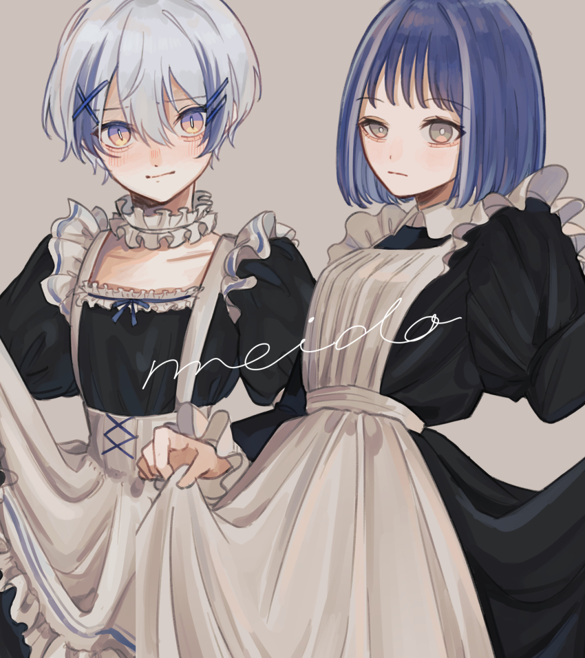 2girls :| aegyo_sal apron black_dress blue_hair blush bright_pupils brown_background choker closed_mouth clothes_pull commentary_request dress frilled_apron frilled_choker frilled_dress frills grey_eyes hair_between_eyes hair_ornament hairclip highres juliet_sleeves long_sleeves looking_at_another medium_hair multicolored_hair multiple_girls original puffy_sleeves purple_eyes romaji_text slit_pupils streaked_hair two-tone_hair white_apron white_choker white_hair white_pupils x_hair_ornament yoruse