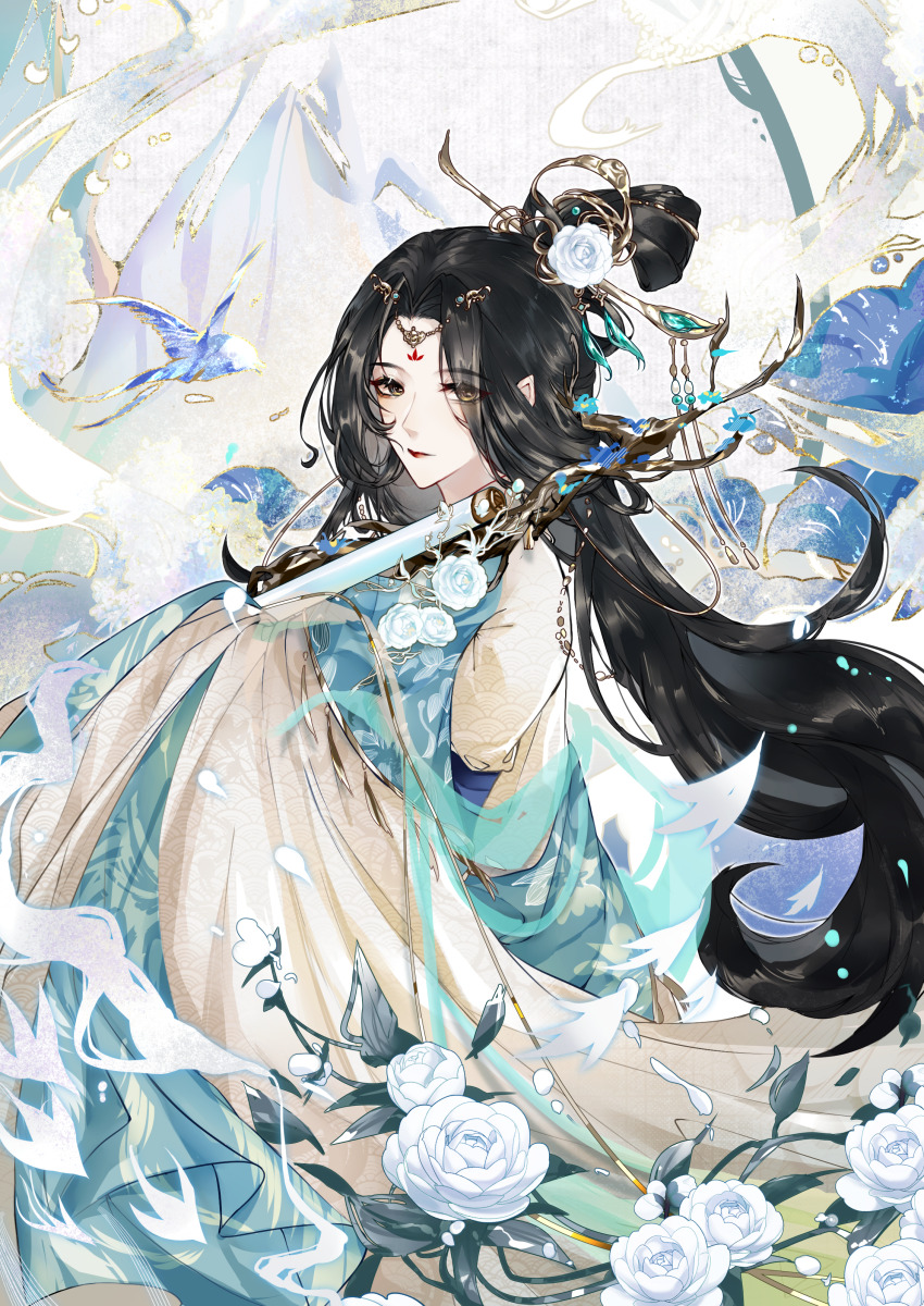 1girl absurdres aqua_hanfu aqua_robe bird black_hair branch chinese_clothes closed_mouth curtained_hair eyes_visible_through_hair facial_mark floral_print flower flute forehead_mark from_side hair_flower hair_ornament hair_stick hanfu head_chain highres holding holding_flute holding_instrument hua_yi_shanxin_zhiyue instrument jewelry leaf long_hair looking_at_viewer looking_to_the_side luludeer386 mountain peony_(flower) plant pointy_ears red_lips robe seigaiha sidelocks_tied_back sleeves_past_fingers sleeves_past_wrists solo swallow_(bird) topknot upper_body vines wei_yang white_flower white_hanfu white_robe yellow_eyes