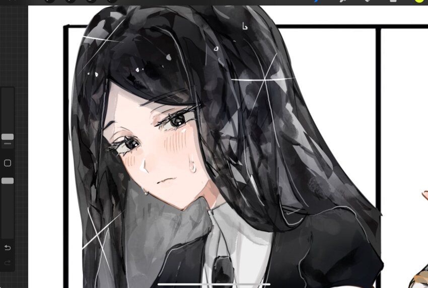 1other art_program_in_frame black_eyes black_hair black_jacket bort eyelashes gem_uniform_(houseki_no_kuni) highres houseki_no_kuni jacket kashiba_(iiiiii_kasba) long_hair looking_at_viewer other_focus puffy_short_sleeves puffy_sleeves short_sleeves upper_body