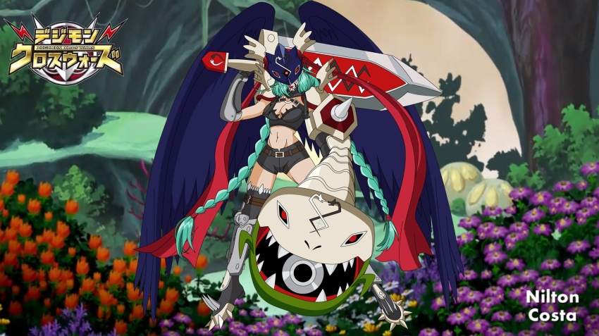 1girl beelzebumon_(digimon_xros_wars) cannon digimon digimon_(creature) female_focus flower fusion highres mervamon open_mouth solo xros_up_mervamon_(beelzebumon)