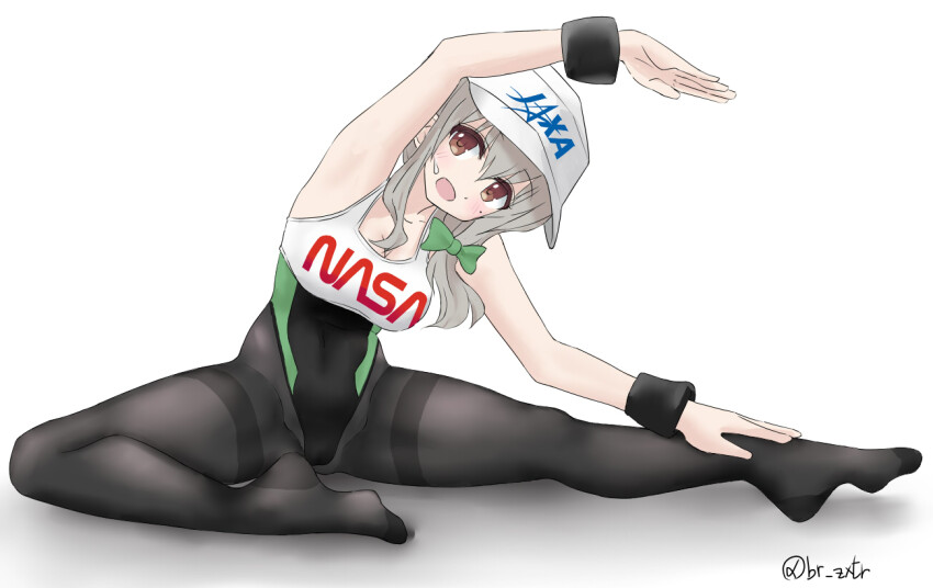 1girl black_pantyhose bow brown_eyes clothes_writing competition_swimsuit grey_hair hair_bow highleg highleg_one-piece_swimsuit jaxa koisuru_asteroid long_hair morino_mari multicolored_swimsuit nasa one-piece_swimsuit pantyhose pantyhose_under_swimsuit simple_background sitting solo stretching swimsuit thighband_pantyhose twitter_username white_background white_headwear zakuta