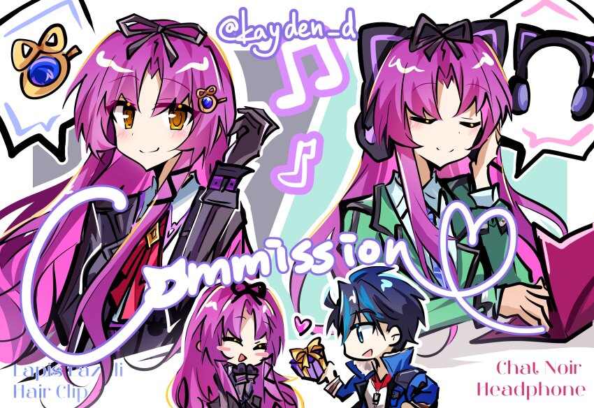 1boy 1girl 25ocoveryui absurdres animal_ear_headphones animal_ears aramis_high_school_uniform black_gloves black_jacket black_ribbon blue_coat blue_eyes blue_hair cat_ear_headphones coat commission commissioner_name dog_tags eiyuu_densetsu fake_animal_ears gift gloves green_jacket hair_ornament hair_ribbon headphones highres jacket kuro_no_kiseki kuro_no_kiseki_(series) kuro_no_kiseki_i kuro_no_kiseki_ii long_hair open_clothes open_coat purple_hair renne_(eiyuu_densetsu) ribbon school_uniform smile van_arkride yellow_eyes
