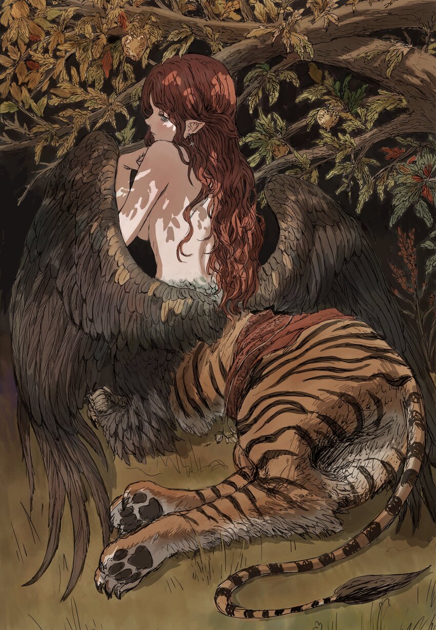 1girl absurdres branch brown_hair brown_wings feathered_wings full_body gold_can half_updo hand_up highres leaf long_hair looking_at_viewer looking_back monster_girl on_grass original outdoors pawpads pointy_ears solo tail taur tiger_tail wings