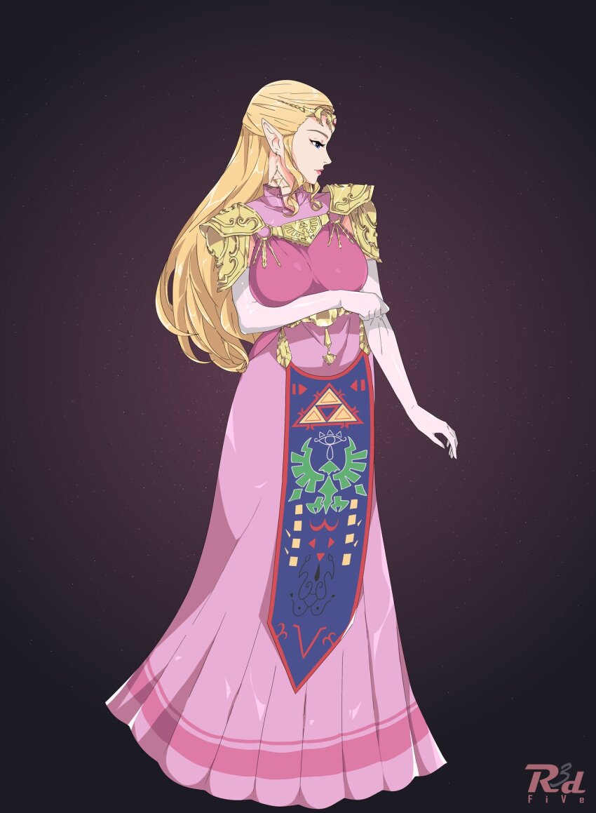 1girl arm_at_side armor black_background blonde_hair breast_hold breasts circlet clenched_hand closed_mouth dress earrings elbow_gloves elf expressionless full_body gloves half-closed_eyes half_updo highres jewelry large_breasts lipstick long_dress long_hair looking_to_the_side makeup neck nintendo pink_dress pink_lips pointy_ears princess_zelda r3dfive shoulder_armor standing straight_hair super_smash_bros. the_legend_of_zelda the_legend_of_zelda:_ocarina_of_time tiara triforce triforce_print white_gloves