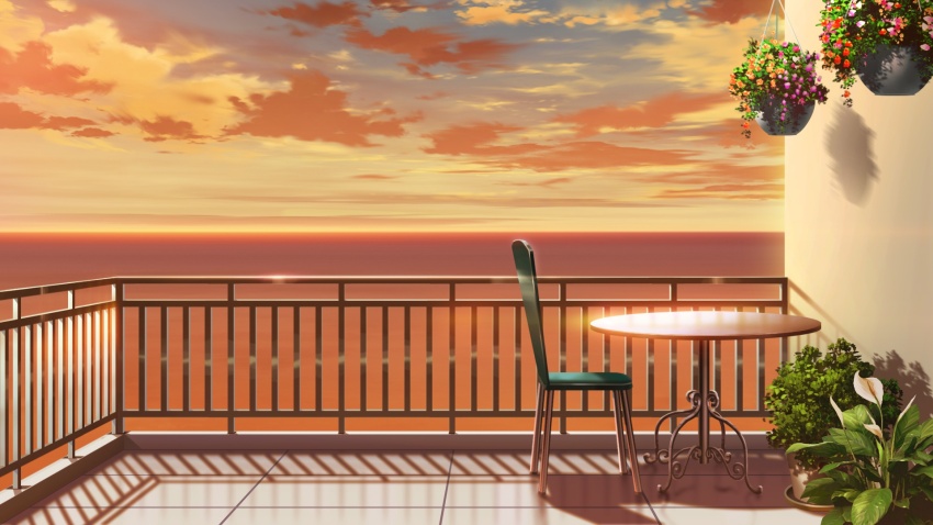 balcony bistro_table chair cloud cloudy_sky drop_shadow gradient_sky hanging_plant highres horizon no_humans non-web_source ocean official_art orange_light our_life:_beginnings_and_always outdoors plant potted_plant railing reflective_floor scenery sky sunset warm_colored