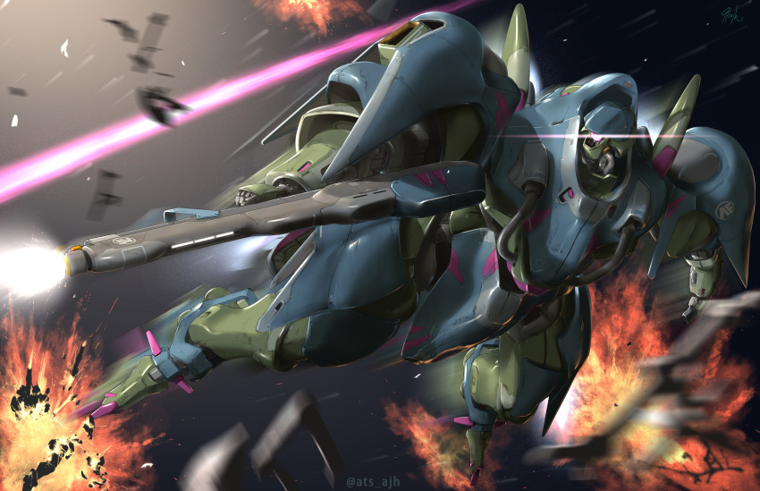 absurdres anaheim_electronics artist_name atsajh beam_rifle debris energy_beam energy_gun explosion firing gundam gundam_f90 highres holding holding_weapon lens_flare machinery mecha mecha_focus mobile_suit motion_blur msa-0120 no_humans one-eyed robot science_fiction signature space thrusters twitter_username weapon