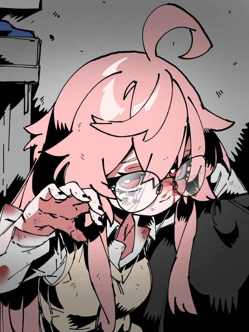 1girl absurdres ahoge blood blood_on_clothes blood_on_face breasts glasses hair_ornament highres k.tomato long_hair medium_breasts original pink_hair red_eyes slouching solo sweater_vest upper_body yellow_sweater_vest
