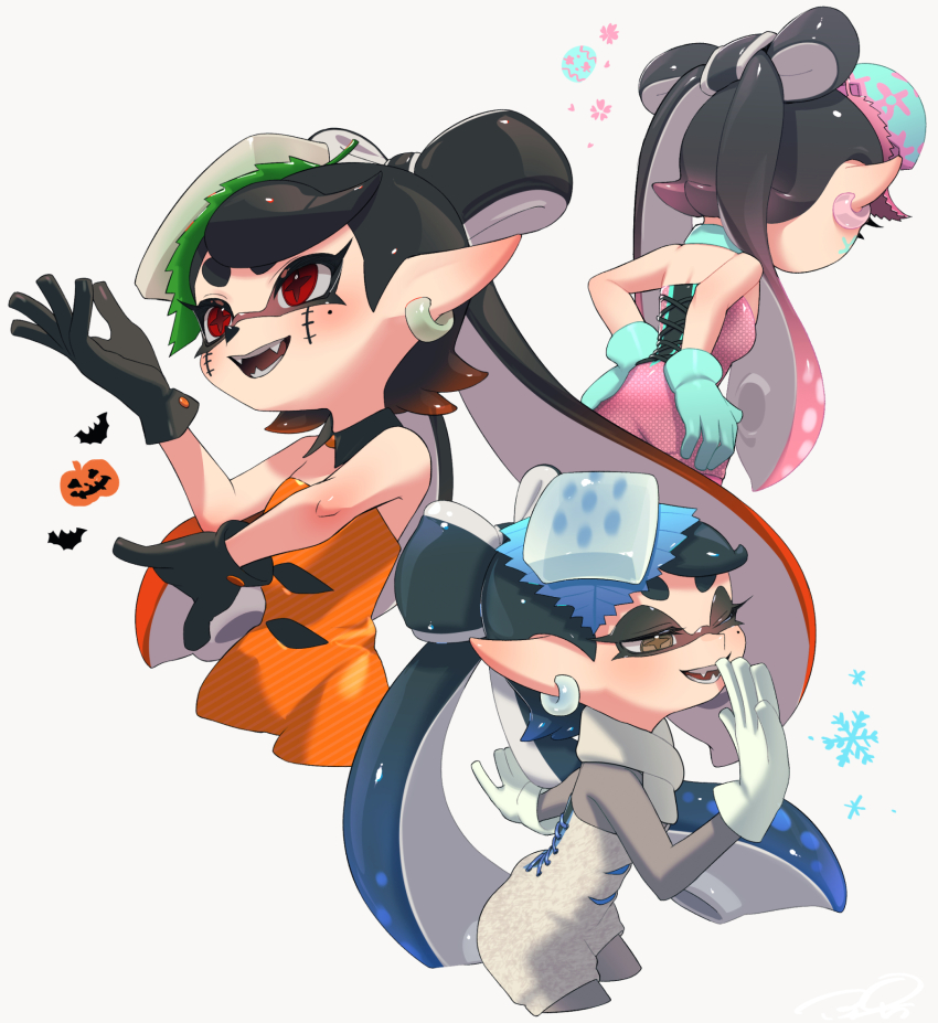 1girl bare_shoulders black_collar black_gloves black_hair blue_collar blue_gloves blue_hair bow-shaped_hair callie_(frostyfest)_(splatoon) callie_(splatoon) callie_(springfest)_(splatoon) collar commentary_request cross-shaped_pupils detached_collar earrings eggshell_hat fangs gloves gradient_hair halloween_costume hands_on_own_ass highres inkling jewelry jumpsuit long_hair long_pointy_ears marie_(splatoon) marie_(splatoween)_(splatoon) mole mole_under_eye multicolored_hair multiple_views nintendo official_alternate_costume one_eye_closed open_mouth orange_hair orange_jumpsuit pink_hair pink_jumpsuit pointy_ears puchiman red_eyes scarf short_jumpsuit simple_background smile splatoon_(series) splatoon_3 stitched_face stitches suction_cups swept_bangs symbol-shaped_pupils tentacle_hair thick_eyebrows twintails two-tone_hair white_background white_gloves white_jumpsuit white_scarf