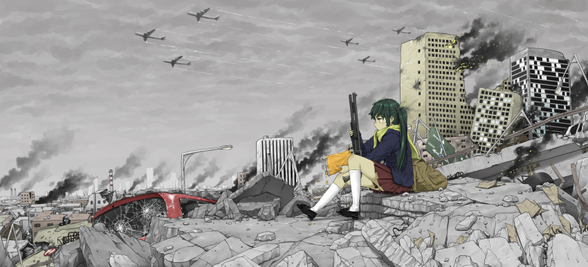 1girl absurdres aircraft airplane anyan_(jooho) backpack bag black_hair chips_(food) cloud dark_clouds female_focus fire food gun highres jet kneehighs original pleated_skirt post-apocalypse potato_chips ruins scarf school_uniform serafuku shotgun sitting skirt smoke socks solo twintails weapon weapon_request yellow_eyes