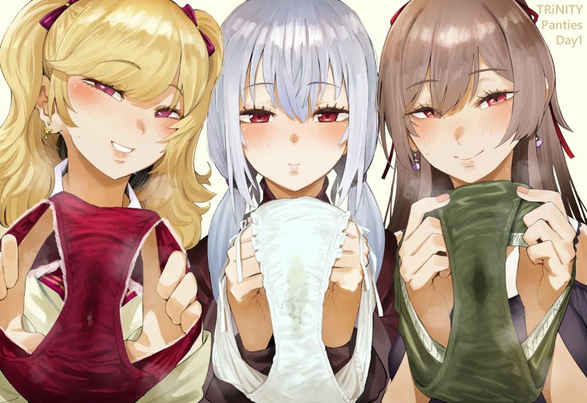 3girls blonde_hair blush brown_hair crotch_seam earrings furen_e_lustario green_panties hakase_fuyuki hero_neisan holding holding_panties holding_underwear holding_unworn_clothes jewelry looking_at_viewer multiple_girls nijisanji panties parted_lips presenting_removed_panties red_eyes red_panties simple_background smile stained_panties stray_pubic_hair takamiya_rion trinity_(nijisanji) twintails underwear upper_body virtual_youtuber white_background white_hair white_panties