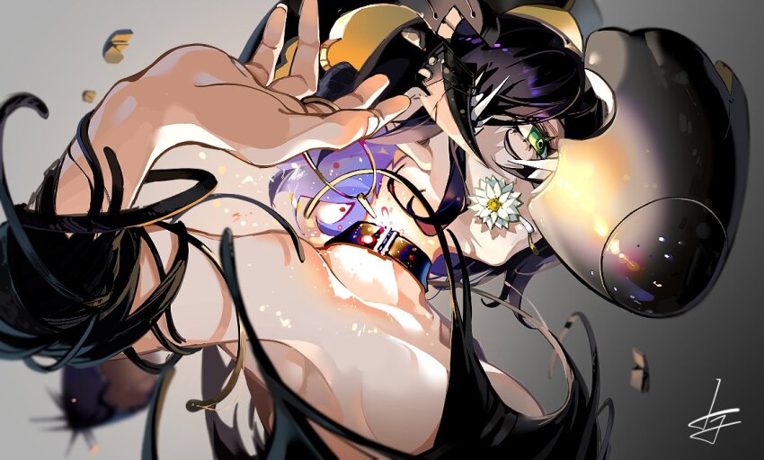 1girl apron armpits black_apron bomb bomb_devil_(chainsaw_man) breasts chainsaw_man choker explosive flower green_eyes grenade_pin merah_drow neck purple_hair reze_(chainsaw_man) short_hair simple_background small_breasts teeth transformation upper_body