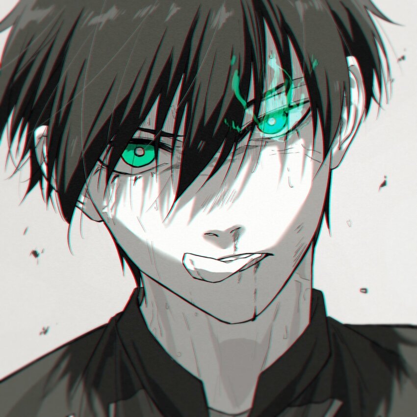 1boy bl_111252 black_hair black_shirt blood blood_from_mouth blue_lock commentary_request eye_trail green_eyes greyscale hair_between_eyes highres itoshi_rin licking_lips light_trail looking_at_viewer male_focus monochrome nosebleed portrait shirt short_hair solo spot_color tongue tongue_out veins