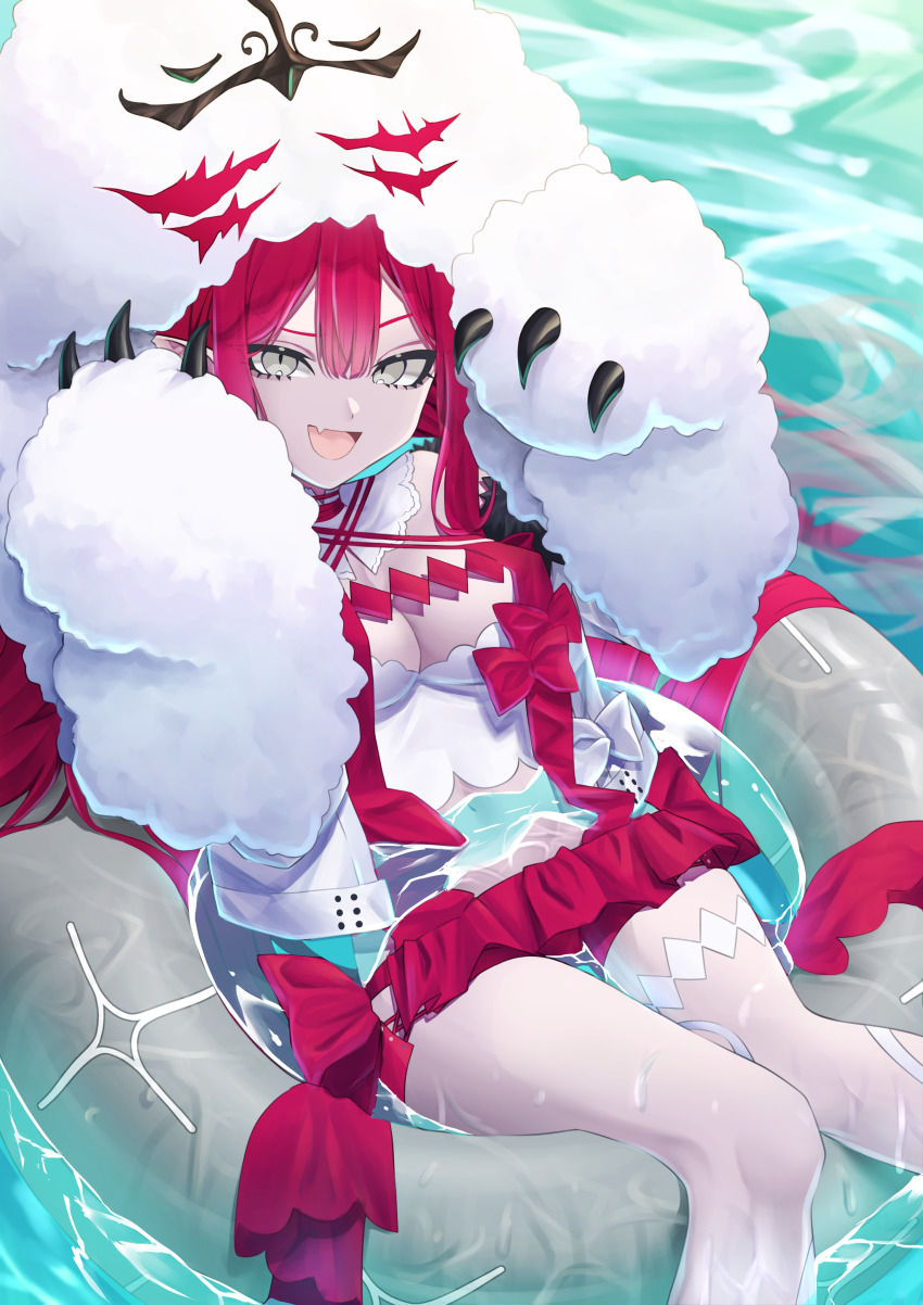 1girl aboreen absurdres baobhan_sith_(fate) baobhan_sith_(swimsuit_pretender)_(fate) baobhan_sith_(swimsuit_pretender)_(first_ascension)_(fate) bow breasts cernunnos_(fate) character_hood cleavage detached_collar fang fate/grand_order fate_(series) fur-trimmed_jacket fur_trim grey_eyes hands_up headwear_with_attached_mittens highres innertube jacket large_breasts long_hair looking_at_viewer lying microskirt navel on_back open_mouth pointy_ears red_bow red_hair red_skirt skin_fang skirt smile solo swim_ring thighs water white_footwear white_jacket