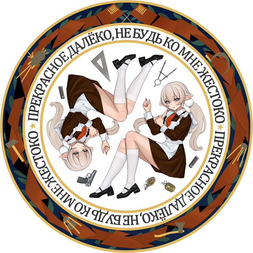 1girl absurdres ammunition apron blonde_hair explosive frilled_apron frills grenade grey_eyes gun handgun highres kiriyaukiyoe laika_(kiriyaukiyoe) long_hair looking_at_viewer neckerchief original plate pointy_ears porcelain red_neckerchief school_uniform skindentation socks solo soviet_school_uniform twintails very_long_hair weapon white_apron white_socks