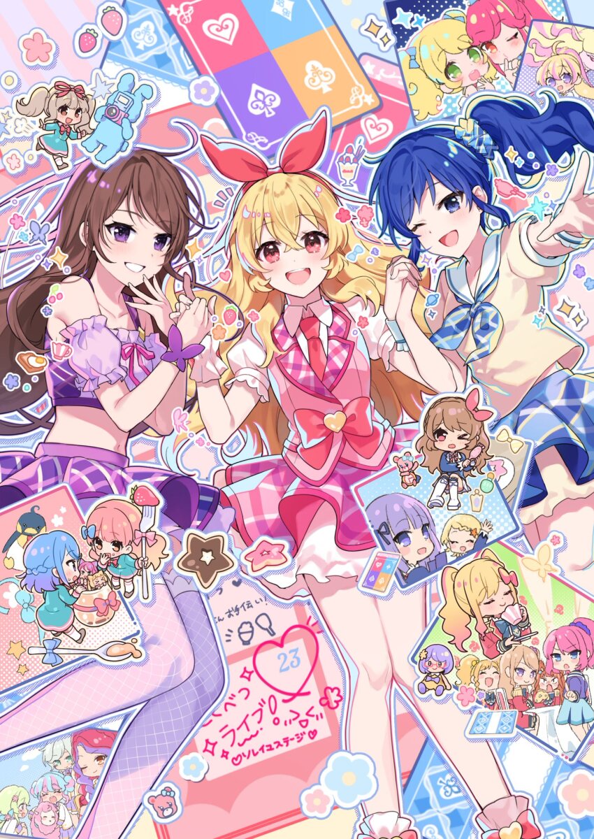 &gt;_&lt; 6+girls :d ahoge aikatsu! aikatsu!_(series) aikatsu_friends! aikatsu_on_parade! aikatsu_planet! aikatsu_stars! alternate_eye_color animal_ears animal_hands aqua_dress bare_shoulders blonde_hair blue_bow blue_eyes blue_hair blue_skirt blush_stickers bow bow_hairband brown_eyes brown_footwear brown_hair caroline_(aikatsu!) cat_ears chair chibi chono_maika closed_eyes cropped_shirt crossed_bangs cup detached_sleeves dot_nose double_bun dress dress_bow elza_forte eye_contact flower food frilled_sleeves frills fruit gloves gradient_hair green_eyes green_hair grin hair_between_eyes hair_bun hair_flower hair_ornament hair_ribbon hair_scrunchie hairband hana_(aikatsu_planet!) hand_up hands_up happy highres hinata_ema_(aikatsu_friends!) holding holding_cup holding_hands holding_plate hoshimiya_ichigo idol idol_clothes in-franchise_crossover index_finger_raised interlocked_fingers jacket jiu_(jiwoo_owo9) kasumi_mahiru kiriya_aoi kiseki_raki kizaki_rei knees_together_feet_apart lapels legs_apart long_hair long_sleeves looking_at_another looking_at_viewer looking_to_the_side midriff miniskirt multicolored_hair multiple_girls multiple_views nanakura_koharu navel necktie nijino_yume nikaido_yuzu notched_lapels on_chair one_eye_closed open_hand open_mouth orange_hair outline outstretched_arm outstretched_hand paw_gloves penne_(aikatsu_friends!) pet pink-framed_eyewear pink_bow pink_dress pink_hair plaid_clothes plaid_skirt plate polka_dot polka_dot_background ponytail puckered_lips purple_bow purple_eyes purple_hair purple_scrunchie purple_shirt purple_skirt purple_thighhighs reaching reaching_towards_viewer red_bow red_eyes red_hair red_hairband red_jacket red_necktie red_ribbon ribbon running s4_uniform saegusa_kii sakuraba_rola saotome_ako school_uniform scrunchie semi-rimless_eyewear sheep shibuki_ran shirt shoes short_dress short_hair short_sleeves side_ponytail sidelocks sitting skirt sleeveless sleeveless_shirt smile socks squatting standing star_harmony_academy_school_uniform straight_hair strawberry streaked_hair teeth thighhighs translation_request twintails two-tone_hair under-rim_eyewear upper_teeth_only v-shaped_eyebrows white_hair white_outline white_socks white_wrist_cuffs wrist_cuffs yellow_dress yotsuboshi_academy_school_uniform yuki_aine