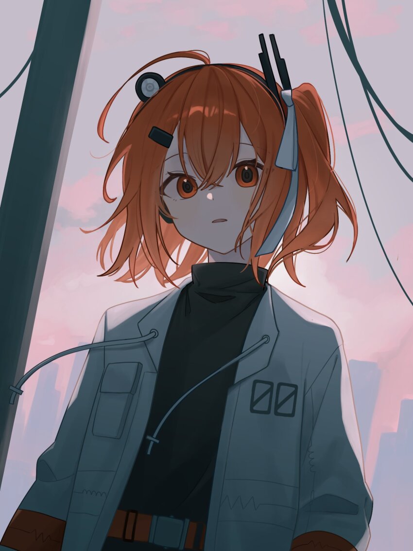 1girl a.i._voice adachi_rei belt black_shirt breast_pocket cable cloud cloudy_sky crossed_bangs evening hair_between_eyes hair_ornament hairclip headlamp highres jacket looking_at_viewer negifarmer open_clothes open_jacket open_mouth orange_belt orange_eyes orange_hair overcast pocket radio_antenna shirt side_ponytail sky solo upper_body utau white_jacket