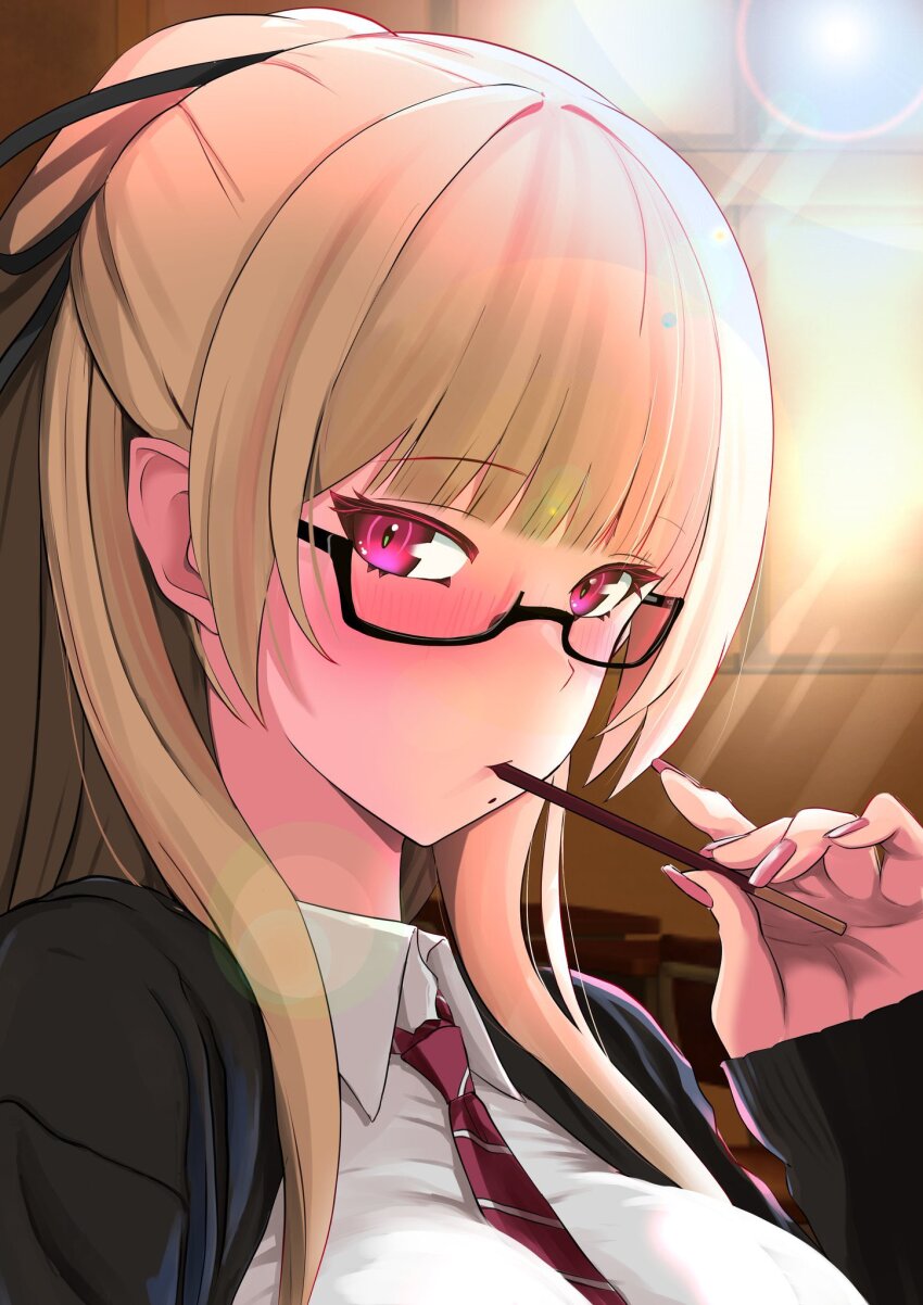 1girl azur_lane black-framed_eyewear black_jacket black_ribbon blonde_hair blush breasts collared_shirt food hair_ribbon highres jacket large_breasts mole mole_under_mouth necktie p.i.t.d pink_eyes pink_nails pocky red_necktie ribbon school_uniform semi-rimless_eyewear shirt swiftsure_(azur_lane) swiftsure_(study_hall_cyclamen)_(azur_lane) white_shirt