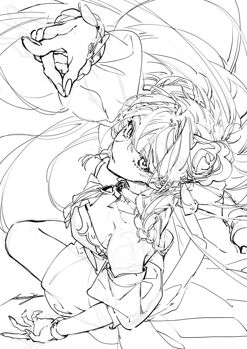 1girl absurdres arm_up asymmetrical_sleeves bare_shoulders bracelet braid breasts commentary_request detached_collar double_bun from_above greyscale hair_between_eyes hair_bun highres jewelry kurumiyuu16 large_breasts long_hair looking_at_viewer making-of monochrome on_ground original parted_lips pointing pointing_at_viewer puffy_sleeves side_braids simple_background sketch solo white_background