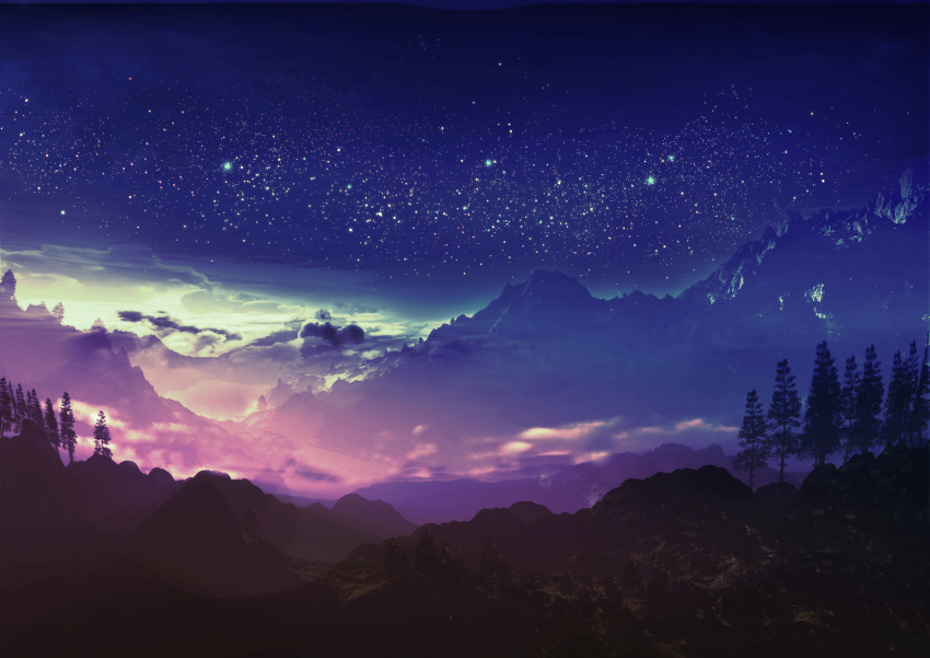 cloud dark dirt fog forest highres horizon mountain nature night night_sky no_humans original pine_tree rock scenery sky star_(sky) tree valley y-k_(y_k14)