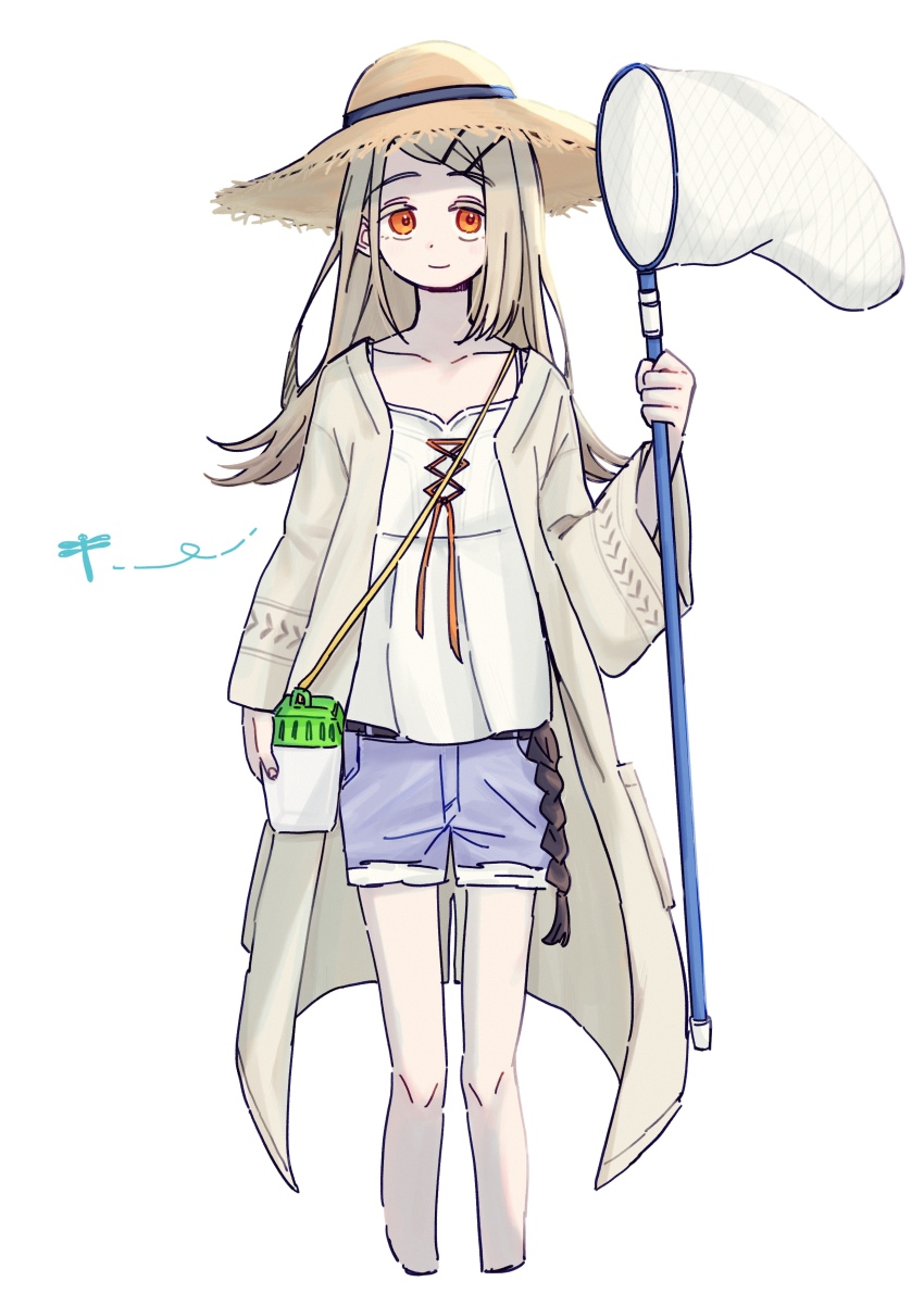 1girl absurdres butterfly_net gakuen_idolmaster grey_hair hand_net hat highres holding holding_butterfly_net idolmaster bug_cage jacket light_smile long_hair looking_at_viewer open_clothes open_jacket orange_eyes shinosawa_hiro shorts sketch solo sun_hat yasuzero