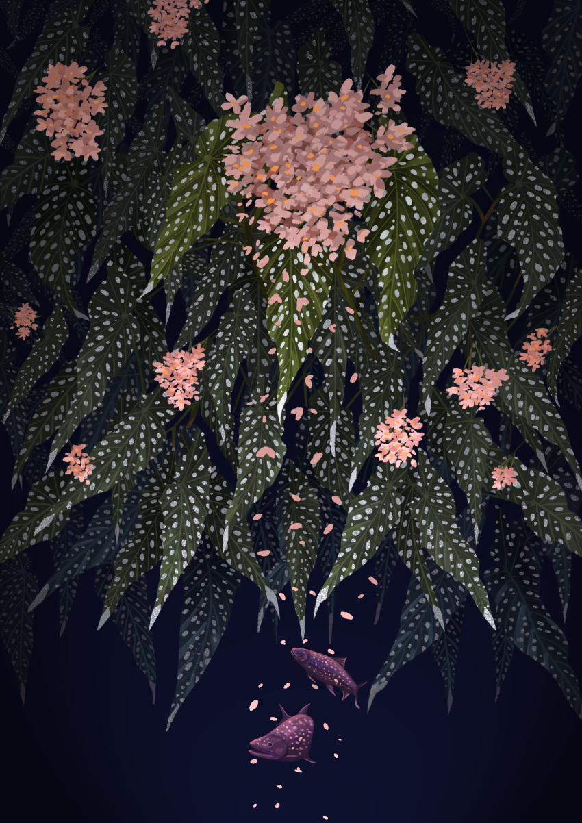 absurdres blue_background commentary_request dark_background falling_petals fangpeii fish flower highres leaf no_humans original petals pink_flower plant vignetting