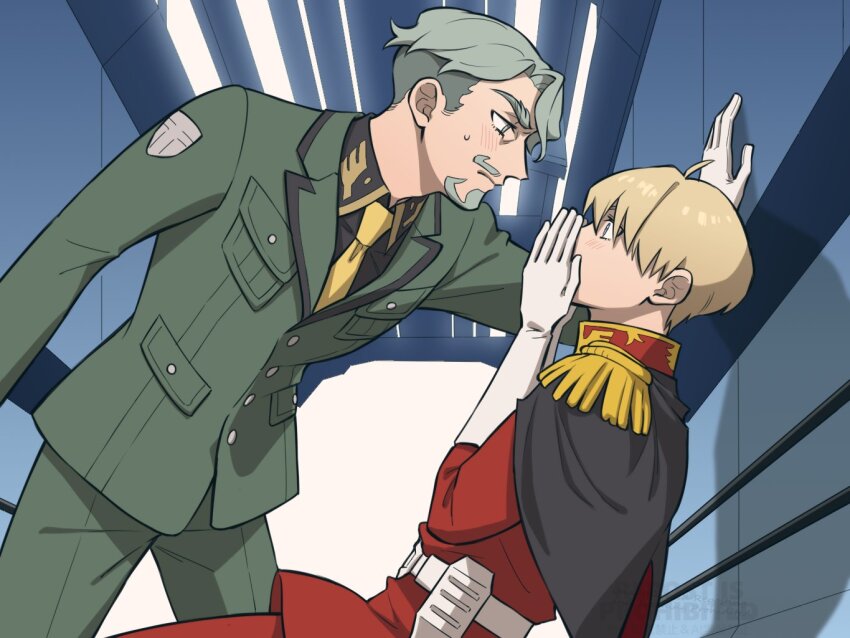 2boys ahoge beard blonde_hair blue_eyes blush challia_bull char_aznable collared_shirt epaulettes facial_hair gloves green_eyes green_hair gundam gundam_gquuuuuux high_collar jacket kabedon long_sleeves lywo_n_candy male_focus military_jacket military_uniform multiple_boys mustache necktie parody red_jacket scene_reference shirouzu_(gundam) shirt short_hair sweatdrop yaoi