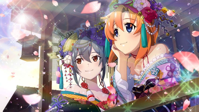 2girls alternate_hairstyle blue_eyes blurry brown_eyes closed_mouth collarbone day depth_of_field falling_petals floral_print floral_print_kimono flower frilled_kimono frills game_cg grey_hair hair_flower hair_ornament hair_up hand_on_own_cheek hand_on_own_face head_rest highres higurashi_no_naku_koro_ni higurashi_no_naku_koro_ni_mei japanese_clothes kimiyoshi_kazuho kimono lens_flare looking_up multiple_girls non-web_source off_shoulder official_art oiran orange_hair petals pink_petals print_kimono ryuuguu_rena short_hair smile sparkle upper_body