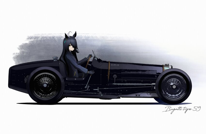 1girl absurdres ahoge animal_ears black_coat black_gloves black_hair black_skirt bugatti bugatti_type_59 car character_name closed_mouth coat collared_shirt commentary cursive ear_piercing earrings english_text from_side gloves gold_trim hair_over_one_eye highres horse_ears horse_girl jewelry kano_(nakanotakahiro1029) lever long_bangs long_hair long_sleeves looking_at_viewer manhattan_cafe_(umamusume) motor_vehicle multicolored_hair piercing pleated_skirt shadow shirt single_earring sitting skirt smile solo steering_wheel streaked_hair swept_bangs turning_head umamusume vehicle_focus very_long_hair wheel white_background white_hair yellow_eyes