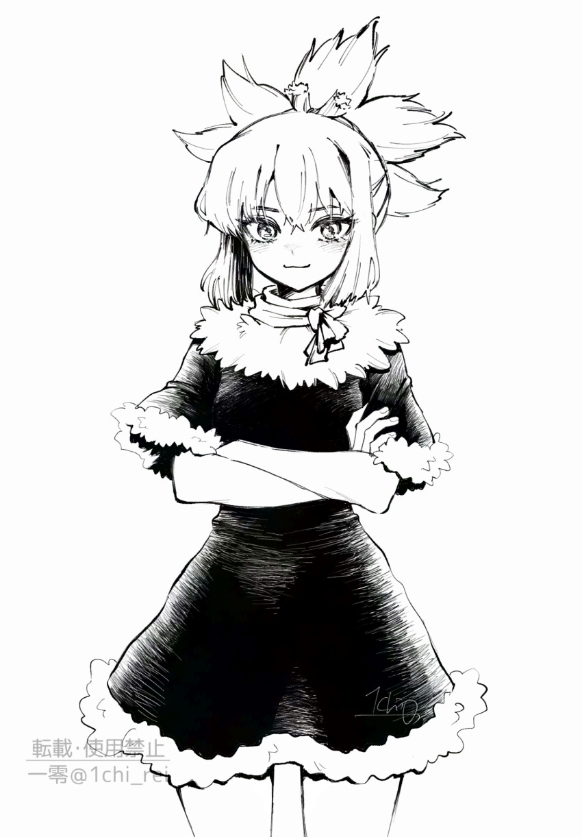 1girl closed_mouth cowboy_shot crossed_arms dr._stone dress fur-trimmed_dress fur_trim greyscale highres kohaku_(dr._stone) looking_at_viewer monochrome ninomae_gin ponytail simple_background smile solo standing white_background