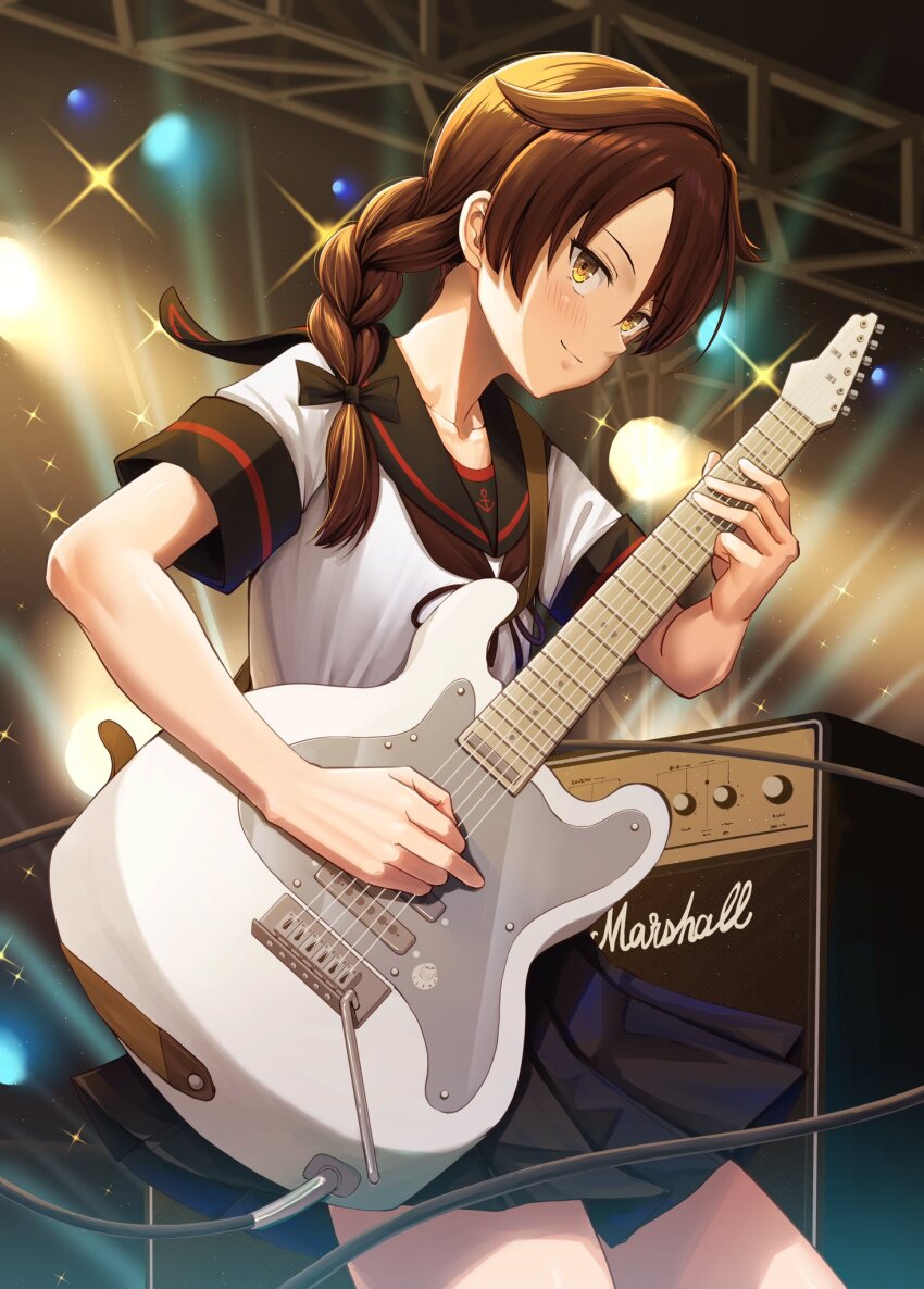 1girl amplifier anchor_symbol black_sailor_collar black_skirt blush braid brown_eyes brown_hair closed_mouth collarbone cowboy_shot electric_guitar guitar highres holding holding_instrument ichikawa_feesu instrument kantai_collection long_hair marshall_amplification music official_alternate_hairstyle playing_instrument pleated_skirt sailor_collar school_uniform serafuku shikinami_(kancolle) shikinami_kai_ni_(kancolle) short_sleeves single_braid skirt smile solo stage_lights