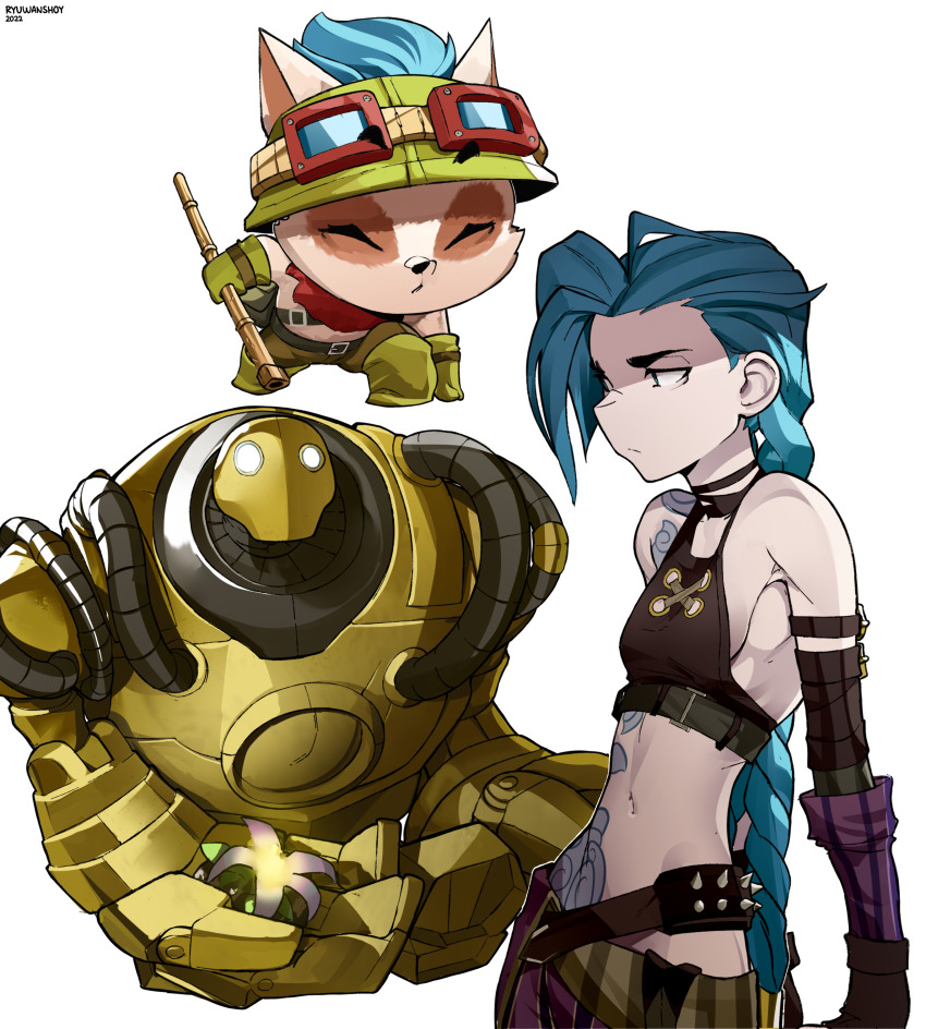 1boy 1girl absurdres arcane:_league_of_legends arcane_jinx arm_tattoo asymmetrical_bangs bad_id bad_pixiv_id bare_shoulders belt blitzcrank blue_hair braid breasts brown_belt closed_mouth cloud_tattoo crop_top fingerless_gloves flower frown gloves goggles goggles_on_head green_headwear highres jinx_(league_of_legends) league_of_legends long_hair looking_at_viewer navel pants robot ryu_(ryuwanshoy) simple_background smalll_breasts stomach stomach_tattoo striped tattoo teemo twin_braids twintails white_background
