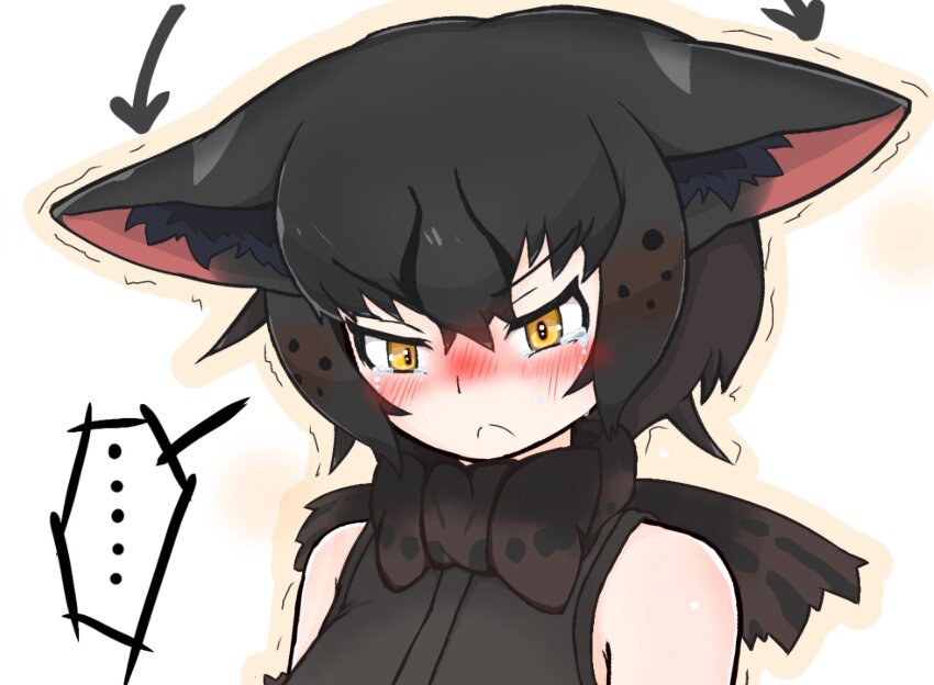 ... 1girl :&lt; animal_ears animal_print bare_shoulders black_bow black_bowtie black_gloves black_hair black_serval_(kemono_friends) blush bow bowtie cat_ears cat_girl ears_down gloves hair_between_eyes highres kemono_friends lionchan_3 nose_blush orange_eyes print_bow print_bowtie short_hair sidelocks sleeveless solo spoken_ellipsis tearing_up
