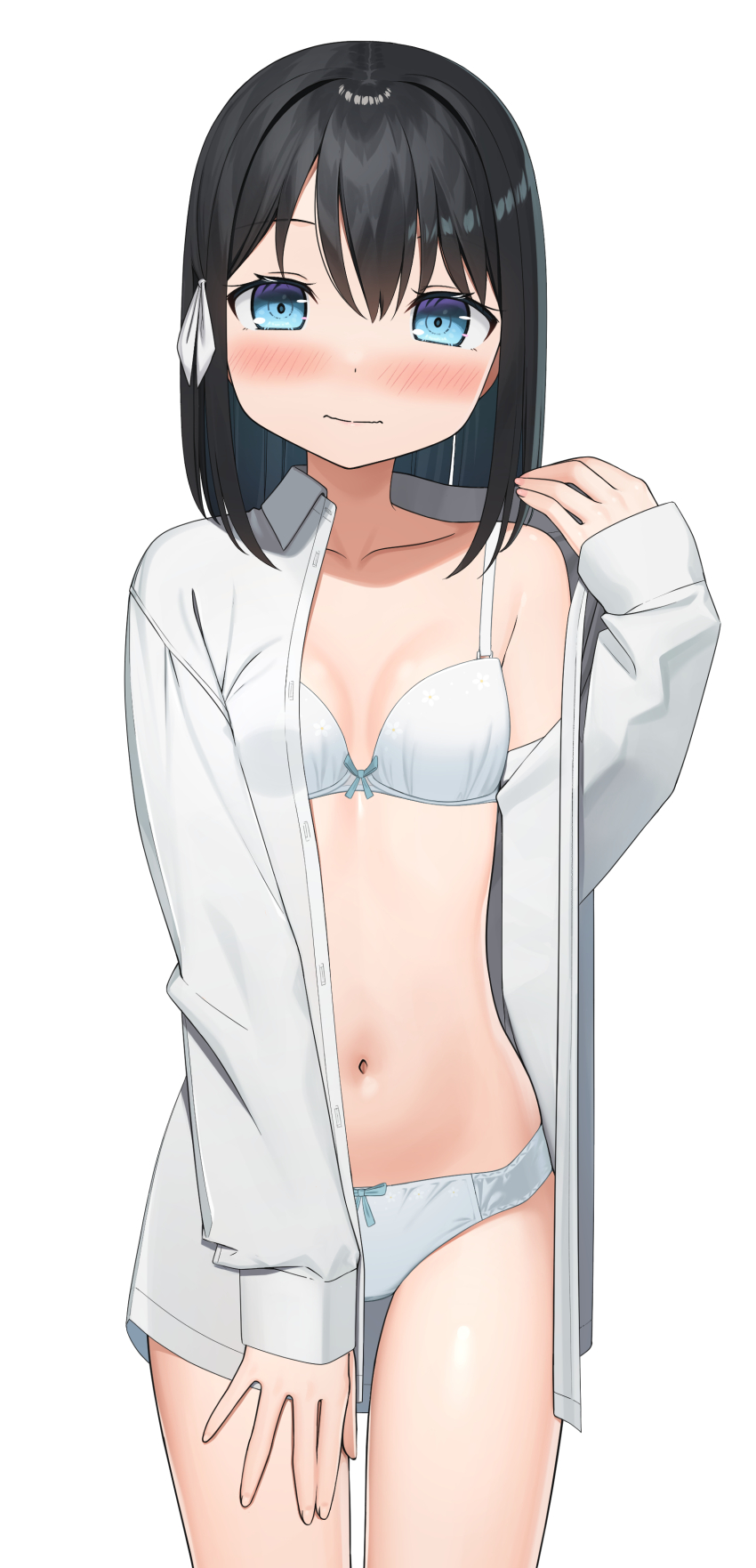 1girl absurdres apollo_(hu_maple) black_hair blue_eyes blush bow bow_bra bow_panties bra collarbone commentary_request highres navel open_clothes open_shirt original paid_reward_available panties shirt single_bare_shoulder standing thighs underwear white_background white_bra white_panties white_shirt