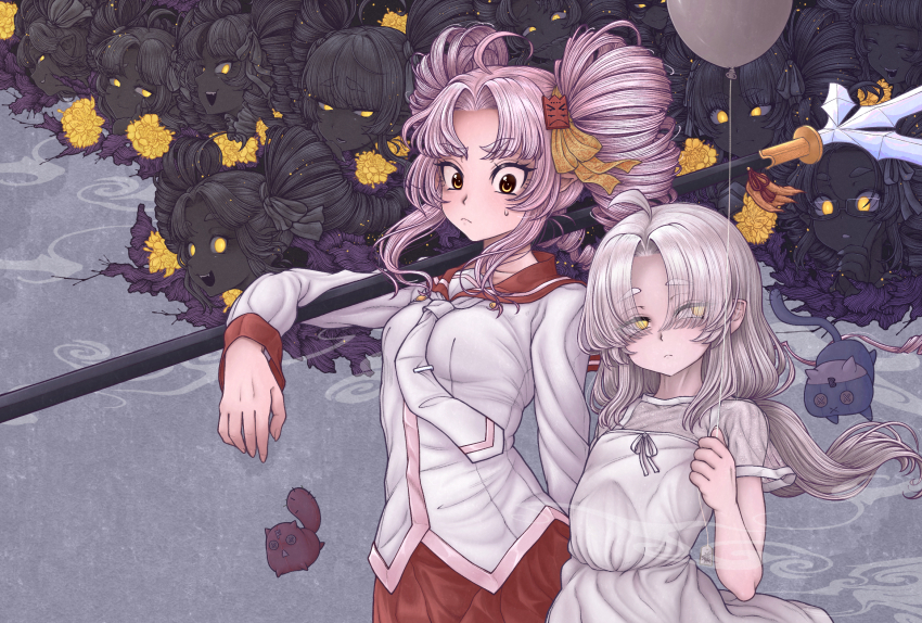 :&lt; ahoge arm_rest balloon breasts character_counter_request closed_mouth cowboy_shot curtained_hair dress drill_hair expressionless eyes_visible_through_hair fangs floating_hair flower flower_request frown furrowed_brow glasses glowing glowing_eyes hair_over_eyes half-closed_eyes highres holding holding_balloon juumonji_yari light_blush light_particles long_bangs long_hair long_sleeves looking_at_another looking_to_the_side miazuma_sarin multiple_persona multiple_views necktie over_shoulder pink_hair pointy_ears polearm red_sailor_collar sailor_collar school_uniform second-party_source see-through_clothes see-through_sleeves shirt short_sleeves side-by-side sidelocks slit_pupils small_breasts spear stuffed_animal stuffed_toy sweatdrop tsuina-chan twin_drills voiceroid weapon weapon_over_shoulder white_dress white_hair white_necktie white_shirt yari yellow_eyes yellow_flower