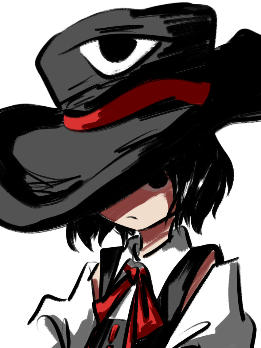 1other androgynous baila_kuangzi black_eyes black_hair black_hat black_vest chinese_commentary closed_mouth collared_shirt commentary_request detached_sleeves enraku_tsubakura frown hat hat_over_one_eye highres len&#039;en neck_ribbon other_focus portrait red_ribbon ribbon shirt short_hair simple_background sleeveless sleeveless_shirt solo vest white_background white_sleeves