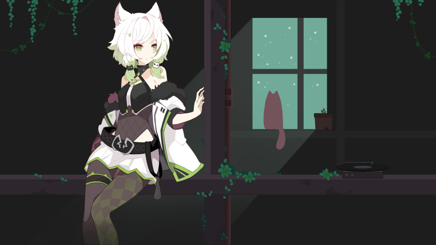 1girl :| ama_no_jaku_(vocaloid) animal_ears asymmetrical_legwear bare_shoulders cat checkered_clothes checkered_legwear closed_mouth clothes_down commentary_request expressionless feet_out_of_frame fishnets fox_ears fur_trim gradient_hair green_eyes green_hair halterneck highres ideolo multicolored_hair night record short_hair sitting solo swept_bangs vase vocaloid white_hair window