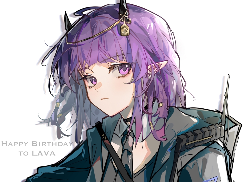 1girl absurdres arknights black_choker black_necktie braid character_name choker collared_shirt demon_horns dress_shirt expressionless happy_birthday highres hood hood_down hooded_jacket horns jacket lava_(arknights) lava_the_purgatory_(arknights) looking_at_viewer necktie open_clothes open_jacket pointy_ears portrait purple_eyes radio_antenna shirt sia_di_gou sideways_glance simple_background small_horns solo white_background white_shirt