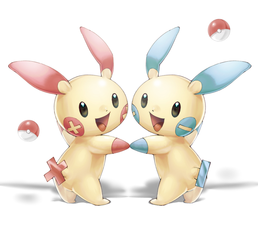 :d commentary_request gen_3_pokemon highres holding_hands looking_at_viewer minun nintendo no_humans open_mouth plusle pokemon pokemon_(creature) sai_(saiman_00) smile standing tongue