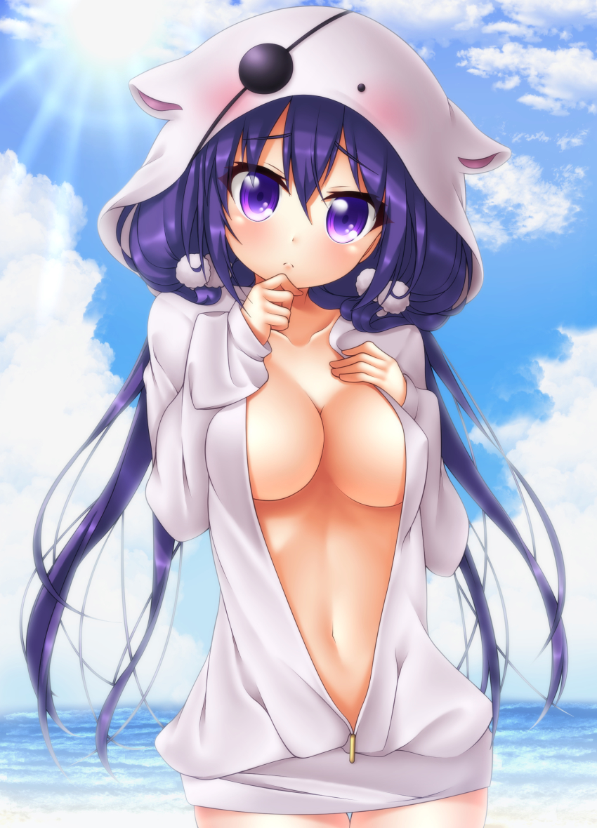 1girl absurdres animal_hood blue_sky breasts cleavage closed_mouth cloud collarbone commentary_request cowboy_shot day derivative_work eyepatch female_focus gochuumon_wa_usagi_desu_ka? hair_between_eyes hair_ornament hand_on_own_chest hands_up head_tilt highres hood hood_up hoodie horizon large_breasts long_hair long_sleeves looking_at_viewer naked_hoodie navel ocean oooqqq outdoors partially_unzipped purple_eyes purple_hair sky sleeves_past_wrists solo sun sunlight tedeza_rize thigh_gap very_long_hair water white_hoodie
