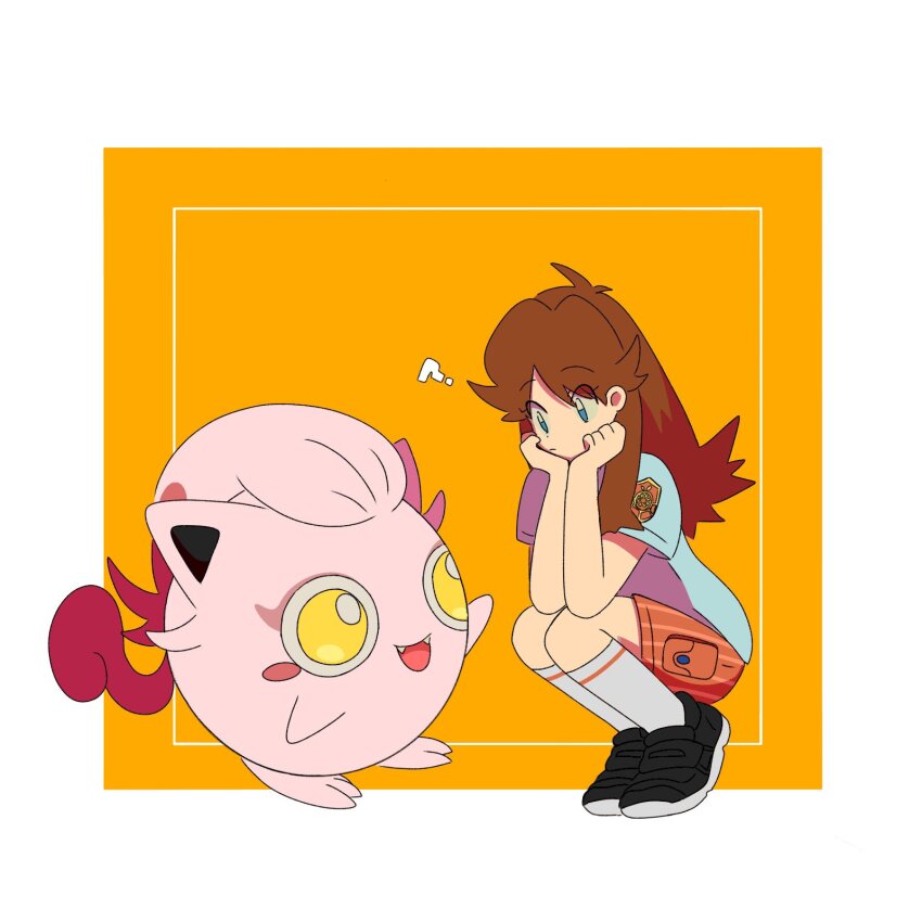 1girl :d ? black_shoes blue_eyes border brown_hair creatures_(company) fangs full_body game_freak green_(pokemon) highres looking_at_another naranja_academy_(emblem) naranja_academy_school_uniform necktie nintendo nose_poke000 open_mouth orange_necktie orange_shorts pokemon pokemon_(creature) pokemon_adventures pokemon_sv school_uniform scream_tail shirt shoes shorts simple_background smile socks squatting striped_clothes striped_shorts white_border white_shirt white_socks yellow_background